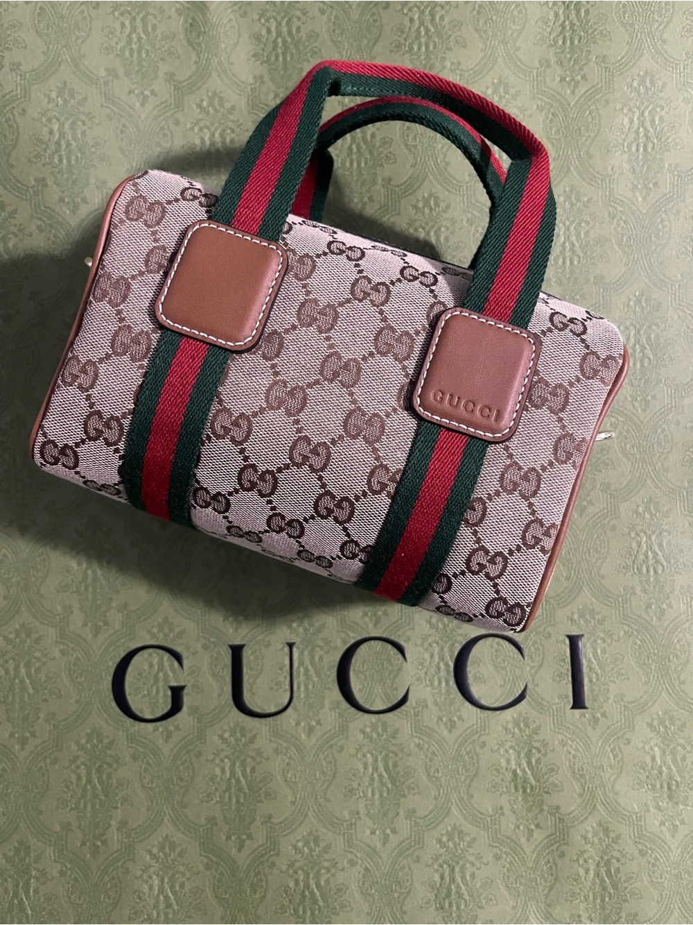 NWOT Gucci Beige GG Canvas Mini Bag with Green-Red Web and Tan Leather - Picture 6 of 8